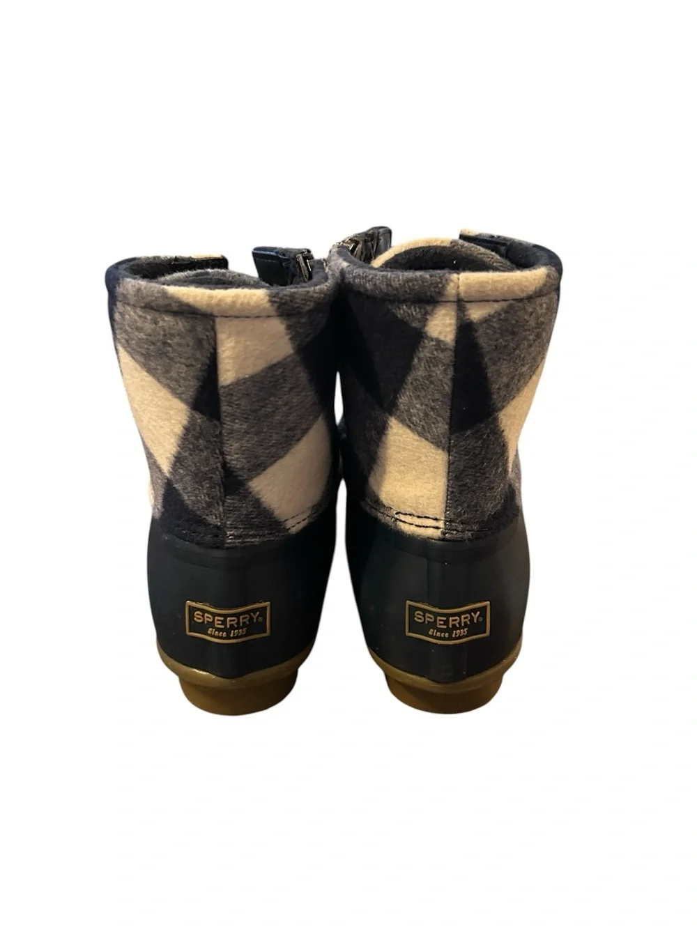 NWOT Sperry Duck Boots with Navy & Cream Plaid Cuff Size 9.5